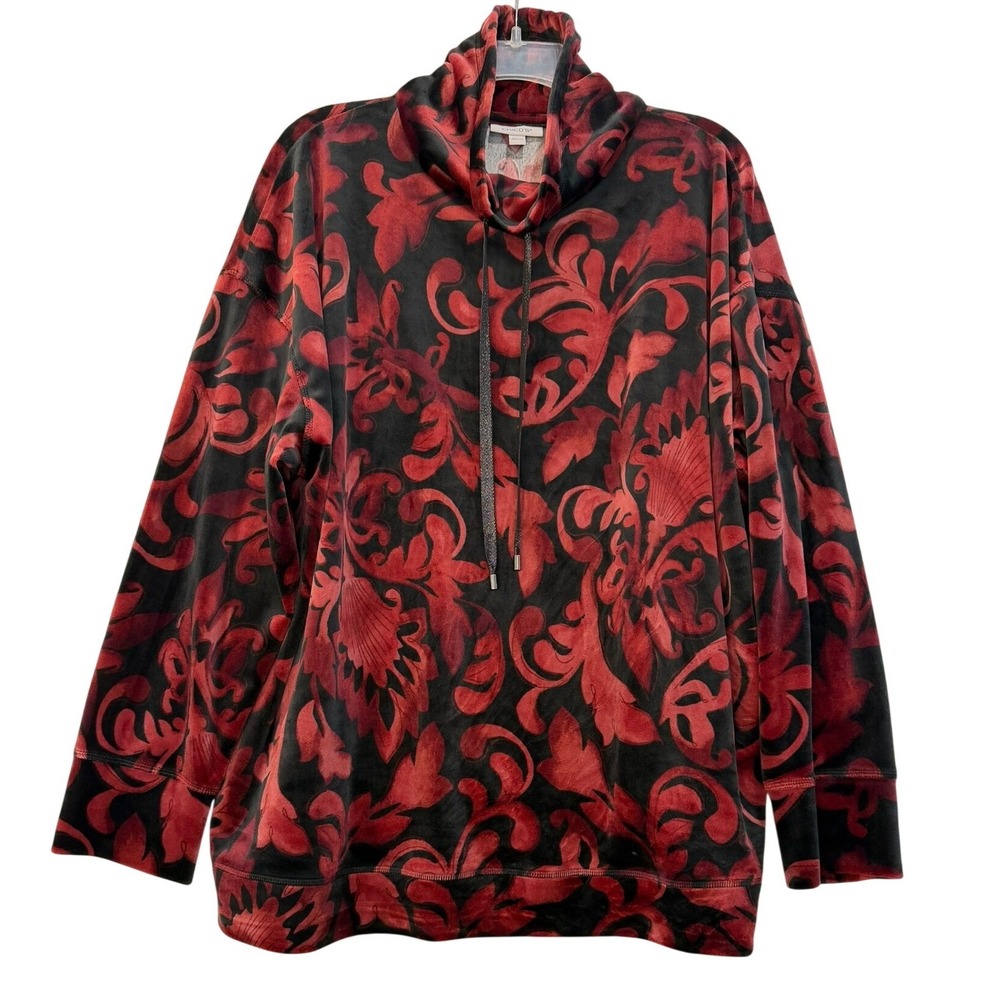 Chicos Red Black Damask Velour Cowl Neck Tunic Sweatshirt Pullover Sz 4 / XXL